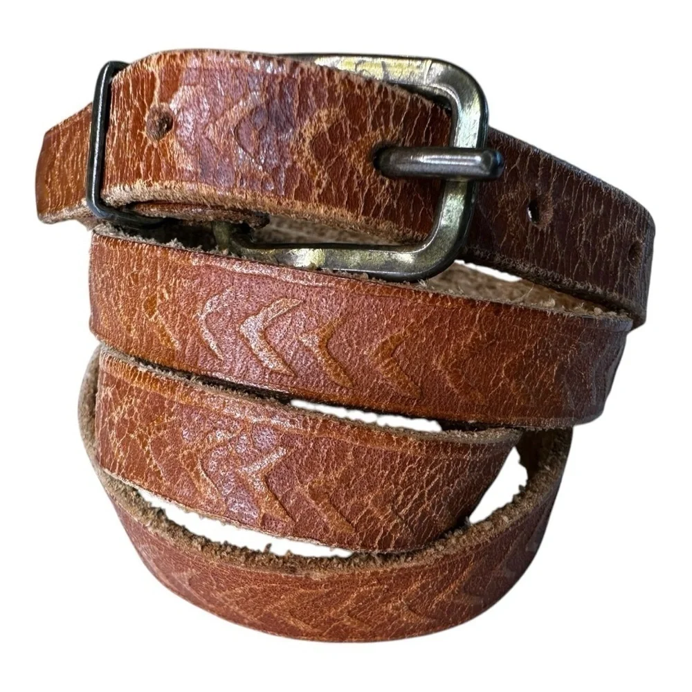 Vintage Skinny Tan Leather Embossed Chevron Pattern Belt